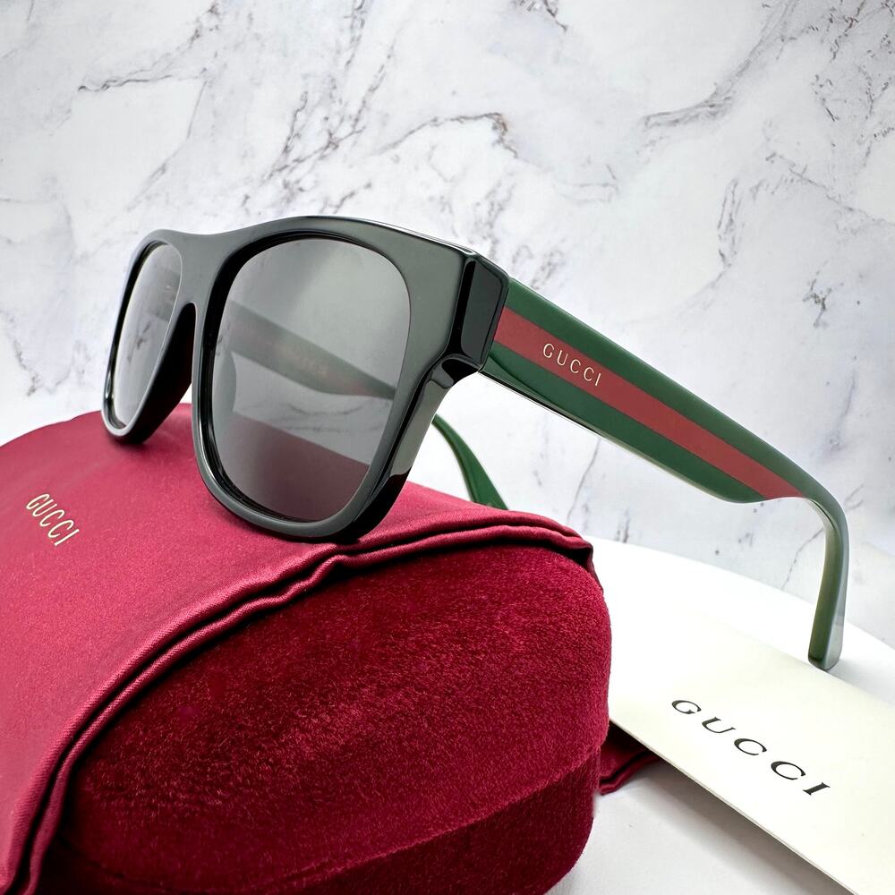 New Gucci Sunglasses Polarized Black Square Red Green Web Arms 56mm Gray Lens - Picture 4 of 15